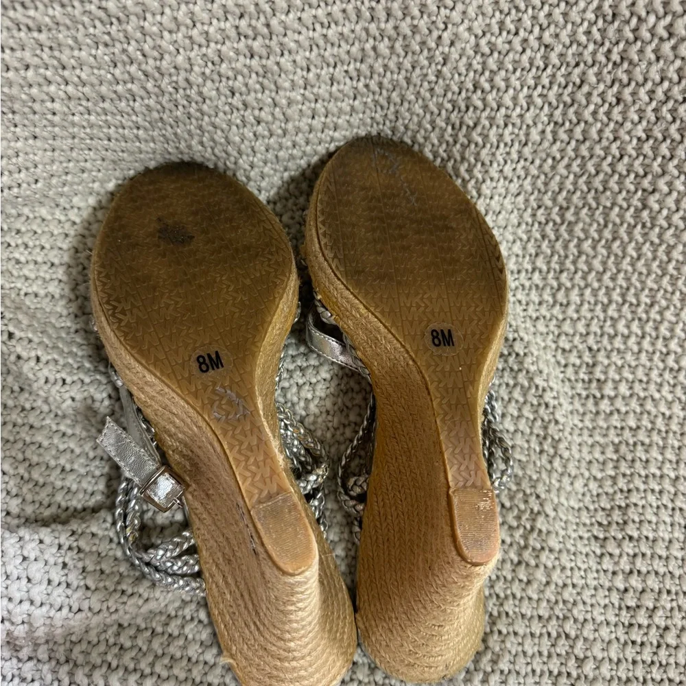 Michael Kors Women's Palm Beach Sandal Size 8‎ Wedge Heel Espadrille Silver